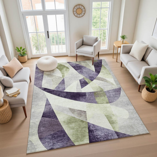 HomeRoots 8' X 10' Stylish Purple, Ivory & Green Abstract Geometric Area Rug - Washable & UV Protected Design 705279