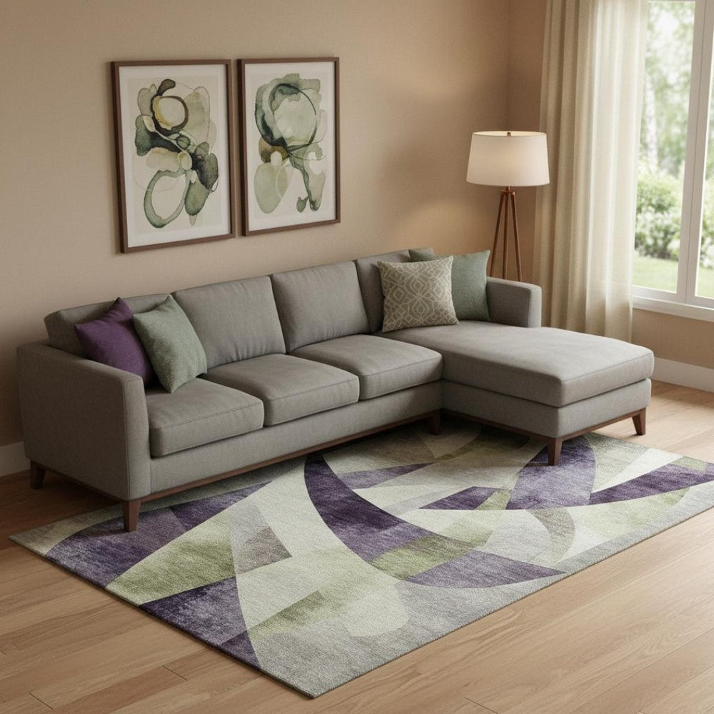 HomeRoots 9' X 12' Abstract Geometric Washable Area Rug in Purple, Ivory & Green with UV Protection Features 705280
