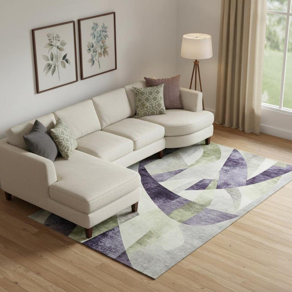 HomeRoots 10' Geometric Washable Area Rug in Purple, Ivory & Green – Stain Resistant, UV Protected & Non-Slip 705281