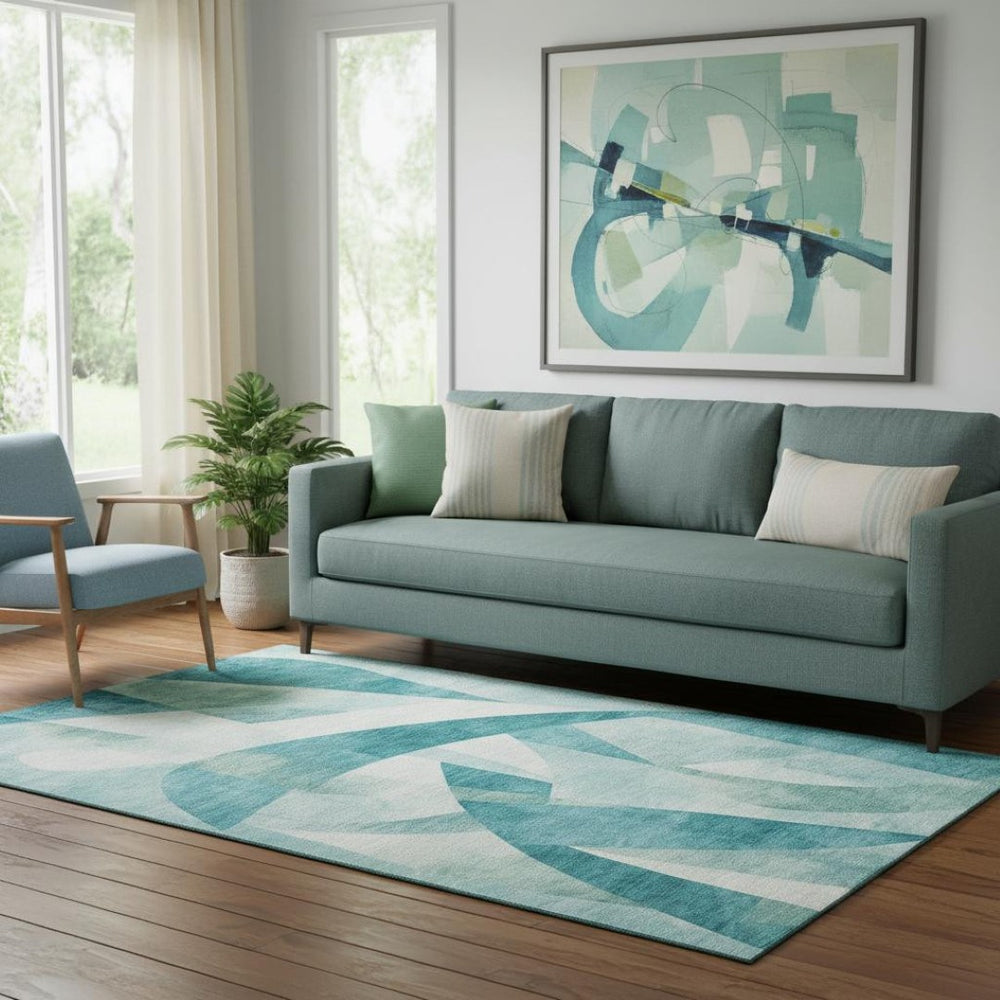 HomeRoots 5' X 8' Teal & Ivory Abstract Geometric Area Rug - Washable, UV-Protected, Stylish & Durable Design 705283