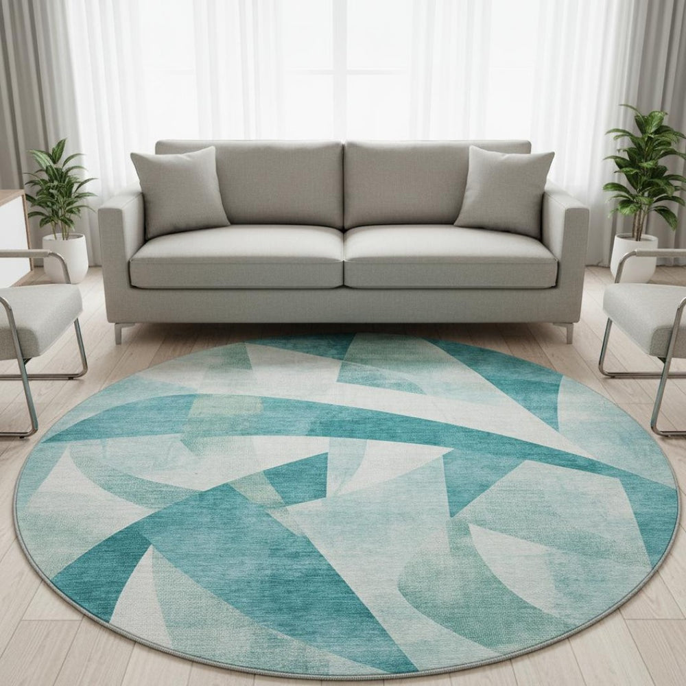 HomeRoots 8' Teal and Ivory Abstract Geometric Round Rug - Washable, UV Protected & Ideal for High Traffic Areas 705284
