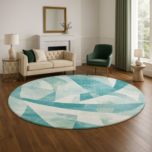 HomeRoots 8' Teal and Ivory Abstract Geometric Round Rug - Washable, UV Protected & Ideal for High Traffic Areas 705284