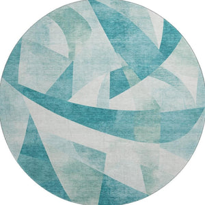HomeRoots 8' Teal and Ivory Abstract Geometric Round Rug - Washable, UV Protected & Ideal for High Traffic Areas 705284