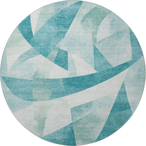 HomeRoots 8' Teal and Ivory Abstract Geometric Round Rug - Washable, UV Protected & Ideal for High Traffic Areas 705284
