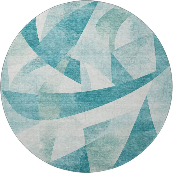 HomeRoots 8' Teal and Ivory Abstract Geometric Round Rug - Washable, UV Protected & Ideal for High Traffic Areas 705284