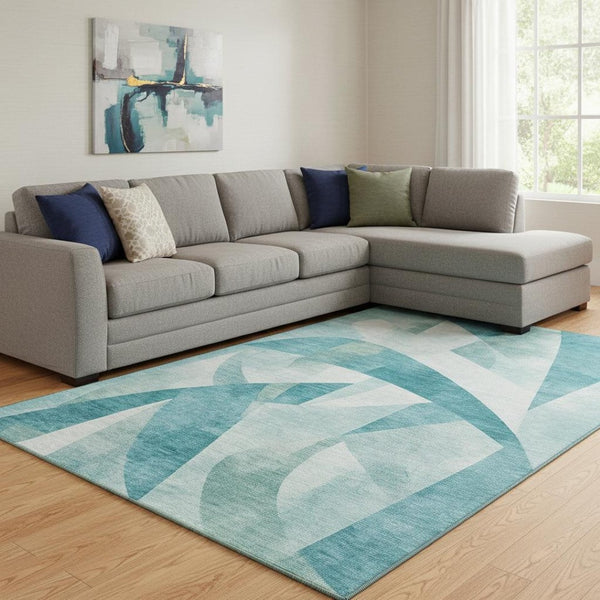 HomeRoots 8' X 10' Teal and Ivory Abstract Geometric Area Rug - Washable, UV-Protected, Stain-Resistant Design 705285