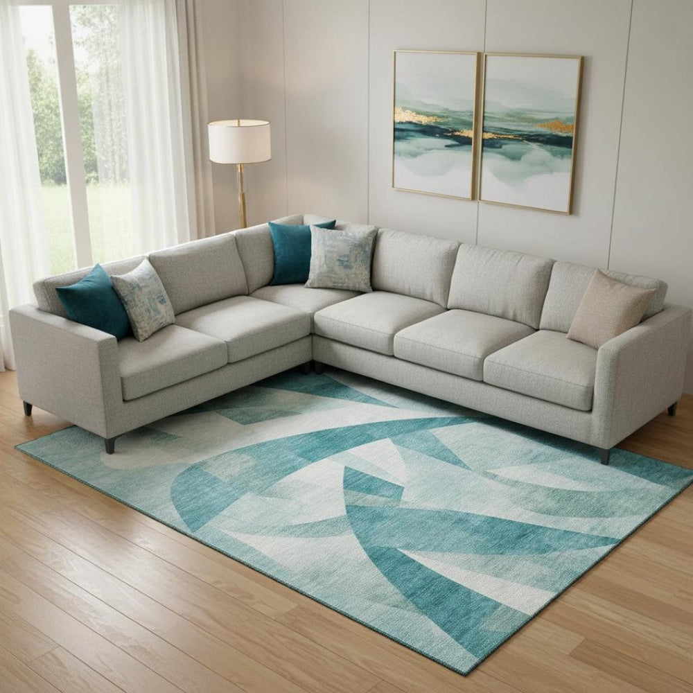HomeRoots 9' X 12' Teal And Ivory Abstract Geometric Area Rug - Washable, Non-Slip, UV Protected for Homes 705286