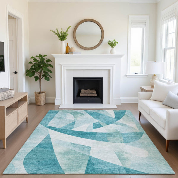 HomeRoots 9' X 12' Teal And Ivory Abstract Geometric Area Rug - Washable, Non-Slip, UV Protected for Homes 705286