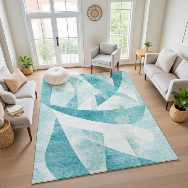 HomeRoots 9' X 12' Teal And Ivory Abstract Geometric Area Rug - Washable, Non-Slip, UV Protected for Homes 705286
