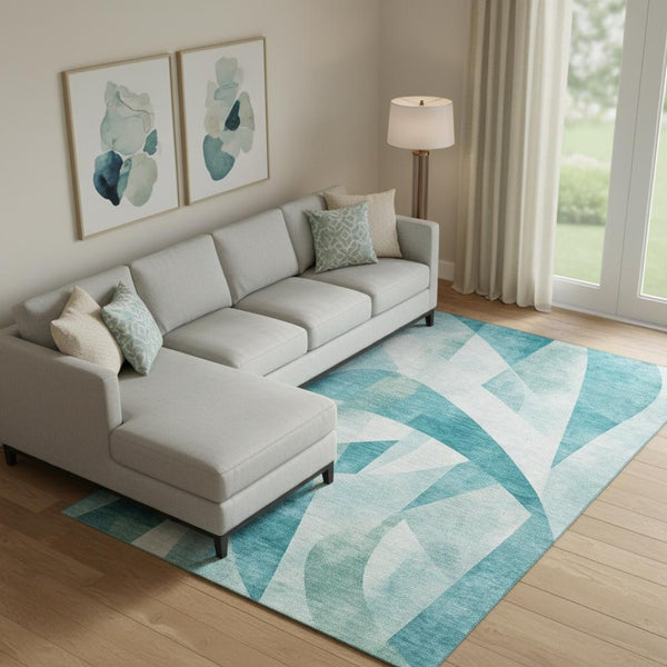HomeRoots 10' X 14' Teal & Ivory Geometric Washable Area Rug with UV Protection for Stylish Living Spaces 705287