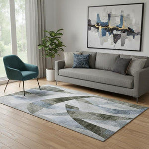 HomeRoots 5' X 8' Abstract Geometric Area Rug in Taupe, Blue & Ivory - Washable, UV-Protected, Stain Resistant! 705289
