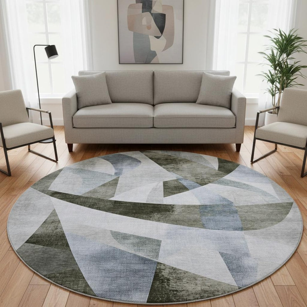 HomeRoots 8' Taupe Blue Ivory Abstract Round Rug – Washable, UV Protected, Stain Resistant for High Traffic Areas 705290