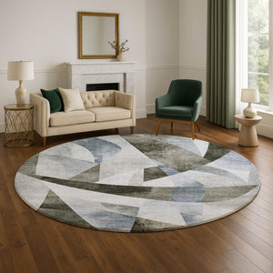 HomeRoots 8' Taupe Blue Ivory Abstract Round Rug – Washable, UV Protected, Stain Resistant for High Traffic Areas 705290