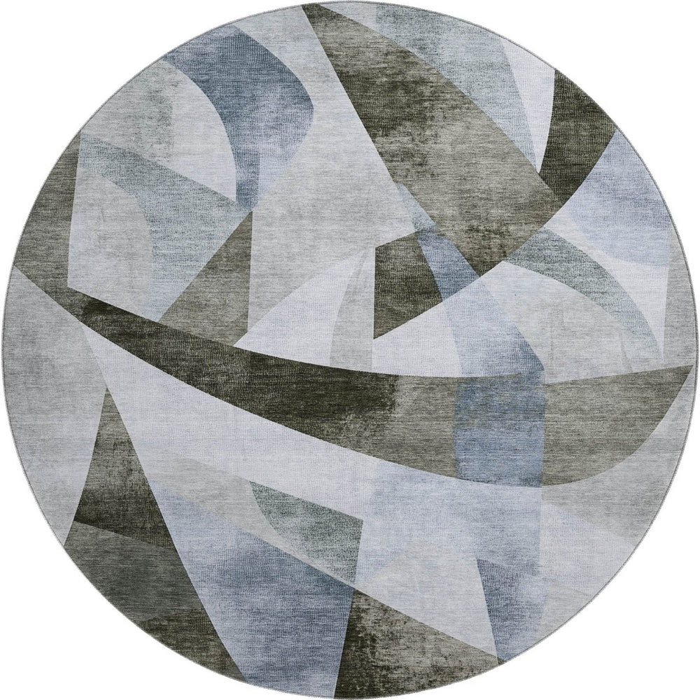 HomeRoots 8' Taupe Blue Ivory Abstract Round Rug – Washable, UV Protected, Stain Resistant for High Traffic Areas 705290