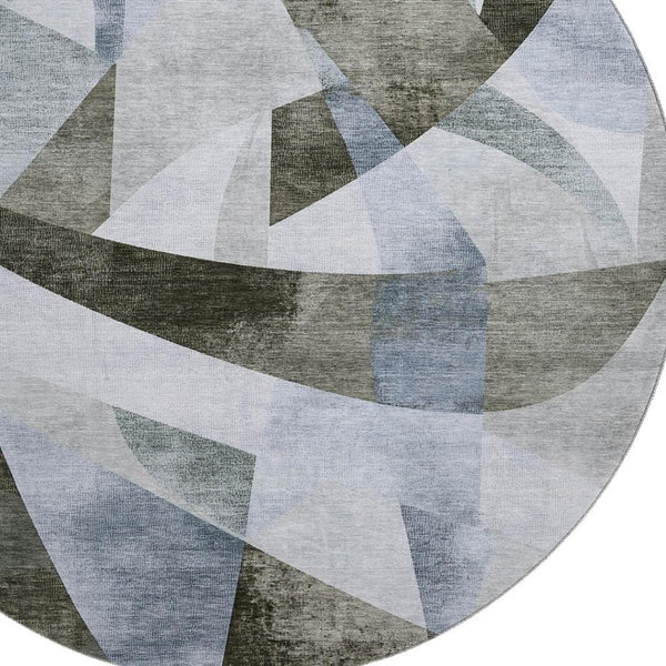 HomeRoots 8' Taupe Blue Ivory Abstract Round Rug – Washable, UV Protected, Stain Resistant for High Traffic Areas 705290