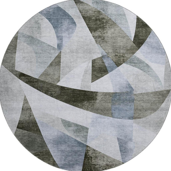 HomeRoots 8' Taupe Blue Ivory Abstract Round Rug – Washable, UV Protected, Stain Resistant for High Traffic Areas 705290