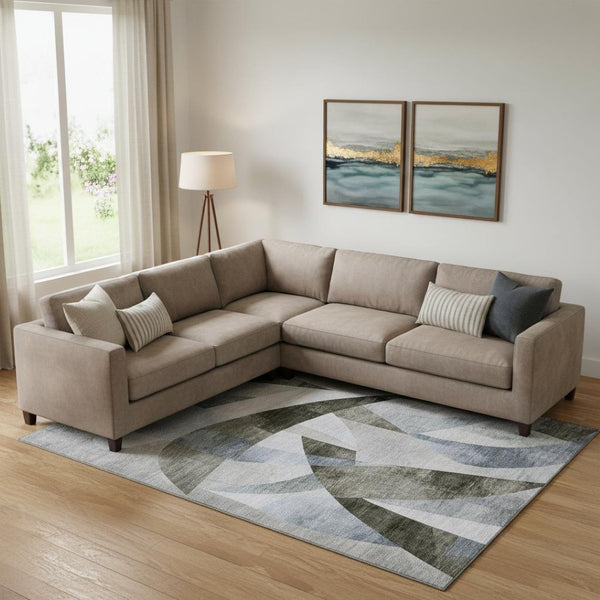 HomeRoots 9' Abstract Geometric Area Rug in Taupe Blue & Ivory - Washable, UV Protected, Stain Resistant Comfort 705292