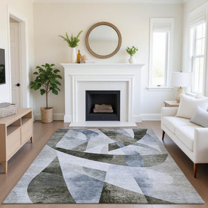 HomeRoots 9' Abstract Geometric Area Rug in Taupe Blue & Ivory - Washable, UV Protected, Stain Resistant Comfort 705292