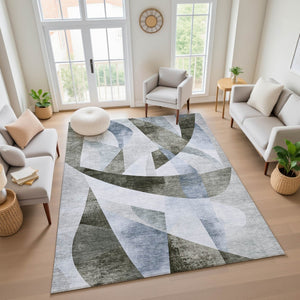 HomeRoots 9' Abstract Geometric Area Rug in Taupe Blue & Ivory - Washable, UV Protected, Stain Resistant Comfort 705292