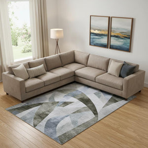 HomeRoots 10' Taupe Blue & Ivory Abstract Geometric Area Rug - Washable, UV Protected, Perfect for Large Spaces 705293