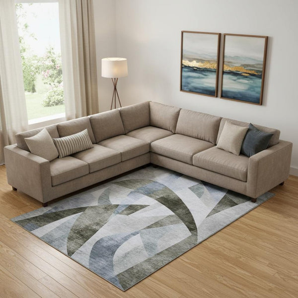HomeRoots 10' Taupe Blue & Ivory Abstract Geometric Area Rug - Washable, UV Protected, Perfect for Large Spaces 705293