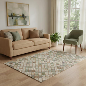 HomeRoots 5' X 8' Washable Geometric Area Rug in Beige, Ivory & Sage - Durable, Stain Resistant, UV Protected! 705295