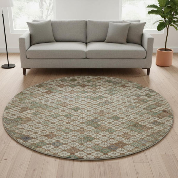 HomeRoots 8' Beige, Ivory & Sage Geometric Round Rug - Washable, Stain-Resistant with UV Protection for All Spaces 705296