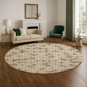 HomeRoots 8' Beige, Ivory & Sage Geometric Round Rug - Washable, Stain-Resistant with UV Protection for All Spaces 705296