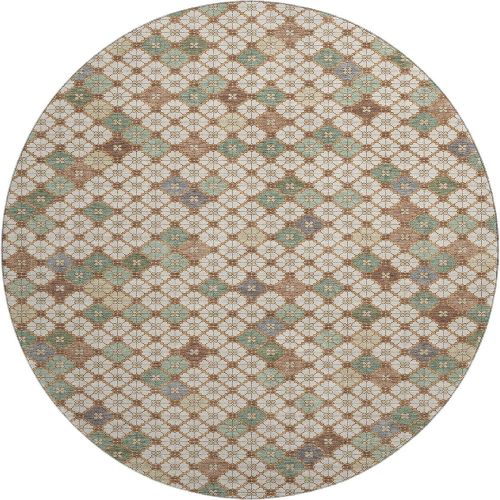 HomeRoots 8' Beige, Ivory & Sage Geometric Round Rug - Washable, Stain-Resistant with UV Protection for All Spaces 705296
