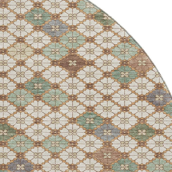 HomeRoots 8' Beige, Ivory & Sage Geometric Round Rug - Washable, Stain-Resistant with UV Protection for All Spaces 705296