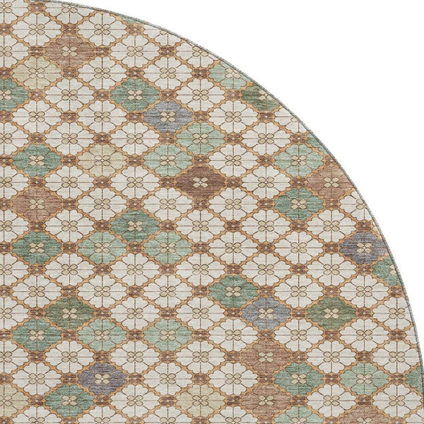 HomeRoots 8' Beige, Ivory & Sage Geometric Round Rug - Washable, Stain-Resistant with UV Protection for All Spaces 705296