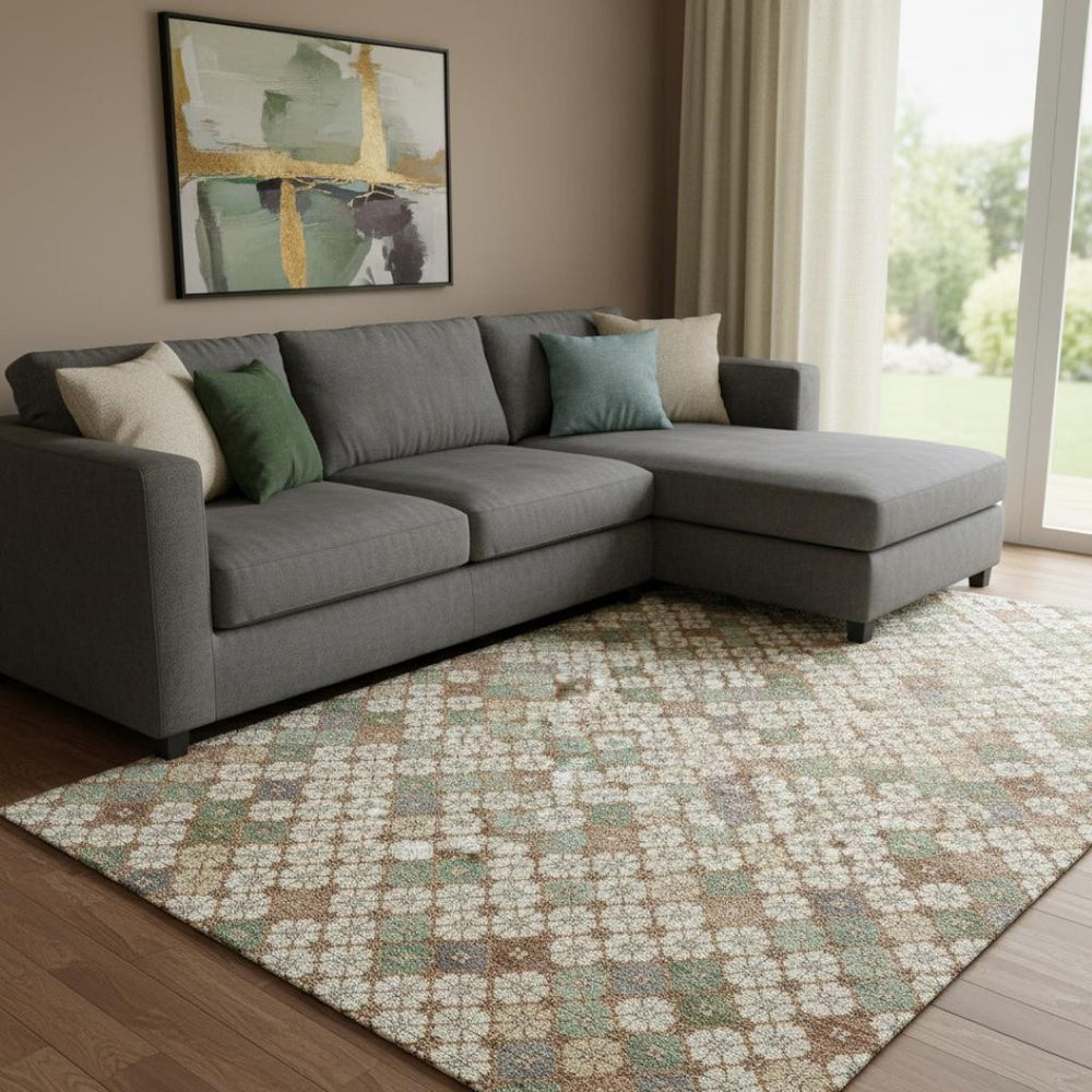 HomeRoots 8' X 10' Modern Beige Ivory Sage Geometric Washable Area Rug with Stain Resistance & UV Protection 705297