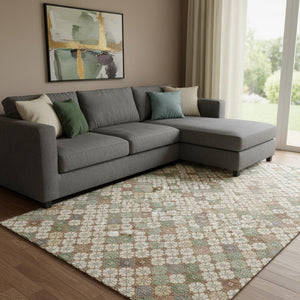 HomeRoots 8' X 10' Modern Beige Ivory Sage Geometric Washable Area Rug with Stain Resistance & UV Protection 705297