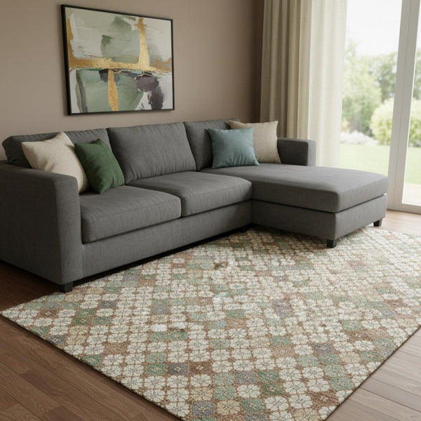 HomeRoots 8' X 10' Modern Beige Ivory Sage Geometric Washable Area Rug with Stain Resistance & UV Protection 705297