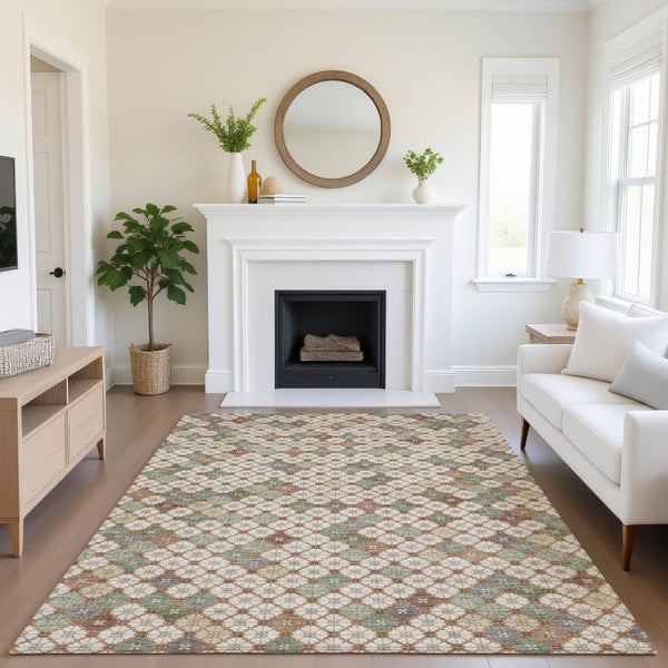 HomeRoots 8' X 10' Modern Beige Ivory Sage Geometric Washable Area Rug with Stain Resistance & UV Protection 705297