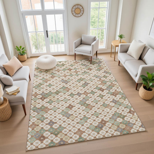 HomeRoots 8' X 10' Modern Beige Ivory Sage Geometric Washable Area Rug with Stain Resistance & UV Protection 705297