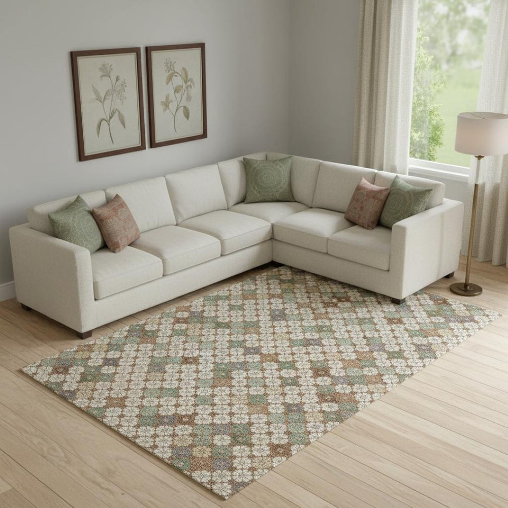 HomeRoots 9' X 12' Geometric Area Rug in Beige, Ivory & Sage – Washable, UV Protected, Non-Slip & Durable! 705298