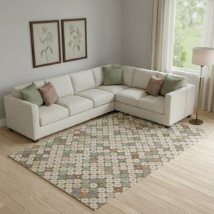 HomeRoots 9' X 12' Geometric Area Rug in Beige, Ivory & Sage – Washable, UV Protected, Non-Slip & Durable! 705298