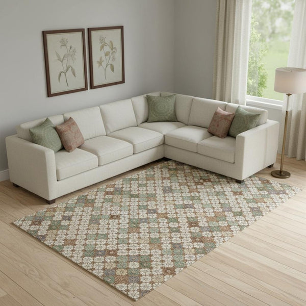 HomeRoots 9' X 12' Geometric Area Rug in Beige, Ivory & Sage – Washable, UV Protected, Non-Slip & Durable! 705298