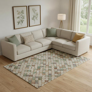 HomeRoots 10' X 14' Stylish Geometric Washable Area Rug in Beige, Ivory & Sage - UV Protection & Non-Slip Backing 705299