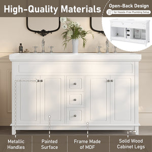 English Elm Christopher Knight Home® - 58" Bathroom Vanity Cabinet Base with Solid Wood Legs, 3 Drawers & 4 Soft-Close Doors, Open-Back Design, Adjustable Anti-Tip Feet, White Finish N759P351759K