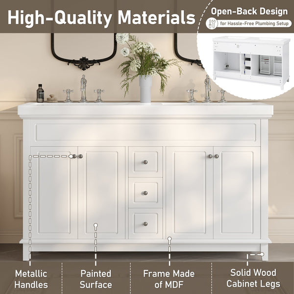 English Elm Christopher Knight Home® - 58" Bathroom Vanity Cabinet Base with Solid Wood Legs, 3 Drawers & 4 Soft-Close Doors, Open-Back Design, Adjustable Anti-Tip Feet, White Finish N759P351759K