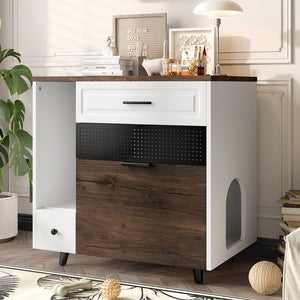 English Elm Cat Hidden Litter Box Furniture with 2 Drawers & Door, MDF Cat House End Table for Living Room, White/Brown N704P287849D