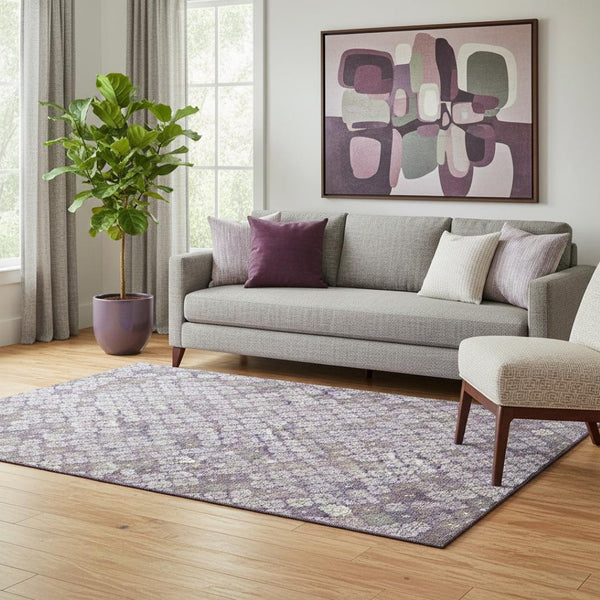 HomeRoots 5' X 8' Stylish Lavender Ivory Gray Geometric Washable Area Rug - UV Protected & Stain-Resistant! 705301