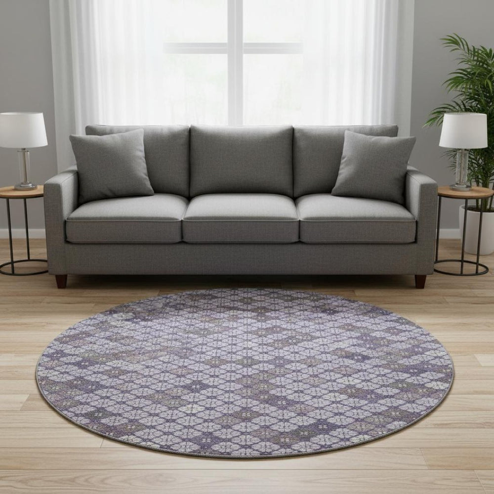 HomeRoots 8' Modern Geometric Lavender, Ivory & Gray Washable Round Rug with UV Protection for High Traffic Areas 705302