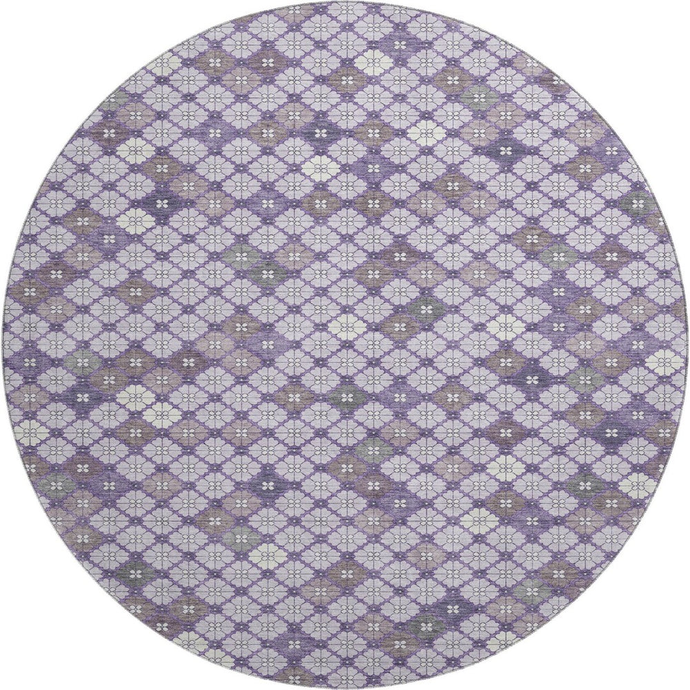 HomeRoots 8' Modern Geometric Lavender, Ivory & Gray Washable Round Rug with UV Protection for High Traffic Areas 705302