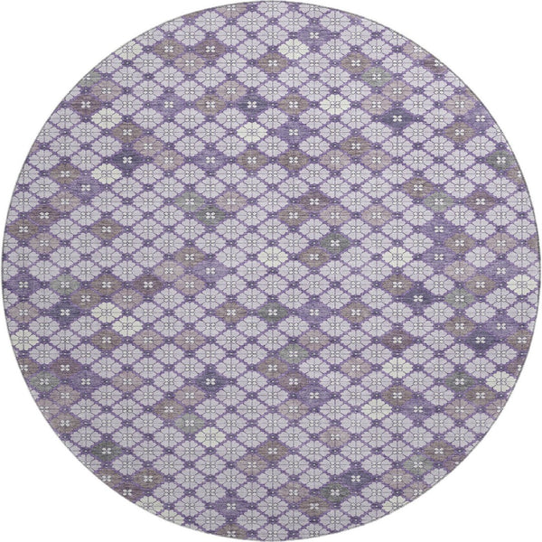 HomeRoots 8' Modern Geometric Lavender, Ivory & Gray Washable Round Rug with UV Protection for High Traffic Areas 705302