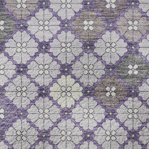 HomeRoots 8' Modern Geometric Lavender, Ivory & Gray Washable Round Rug with UV Protection for High Traffic Areas 705302