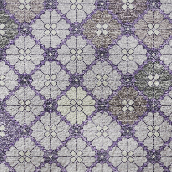 HomeRoots 8' Modern Geometric Lavender, Ivory & Gray Washable Round Rug with UV Protection for High Traffic Areas 705302