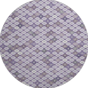 HomeRoots 8' Modern Geometric Lavender, Ivory & Gray Washable Round Rug with UV Protection for High Traffic Areas 705302